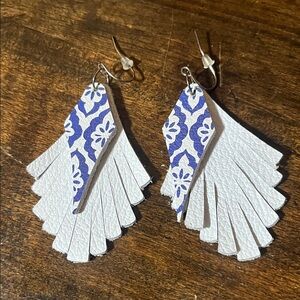Elegant White and Blue and Floral Handmade Hand Cut Leather Earrings